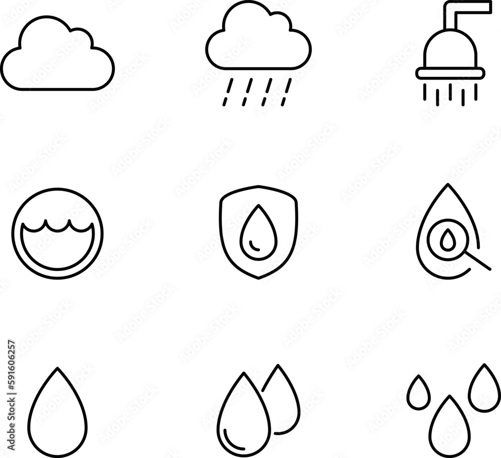 Water drops icon set. Editable vector water line icons. A drop of water. Washing, shower. Vector illustration Water drops icon set. Editable vector water line icons. A drop of water. Washing, shower. Vector illustration