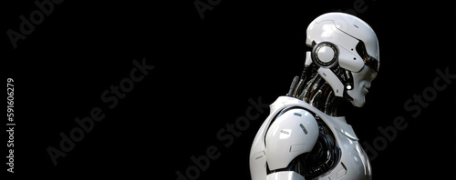 A Futuristic Robotic Model for Handsome Artificial Intelligence with 3D Rendering, Cybernetic Neck and Chest, Strong and Muscular Profile, and Reflections for Serious and Cool Sci-Fi Concepts