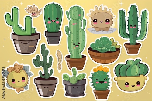 Set of cute cactus sticker illustration. Generative Ai.