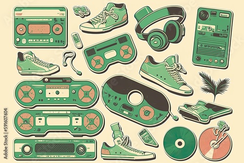 Classic 80s modern stickers flat layout over beige background. Generative Ai.