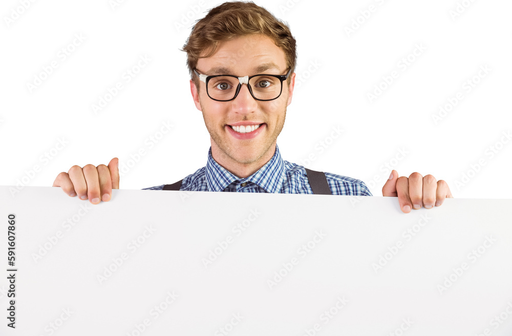 Geeky hipster showing a card