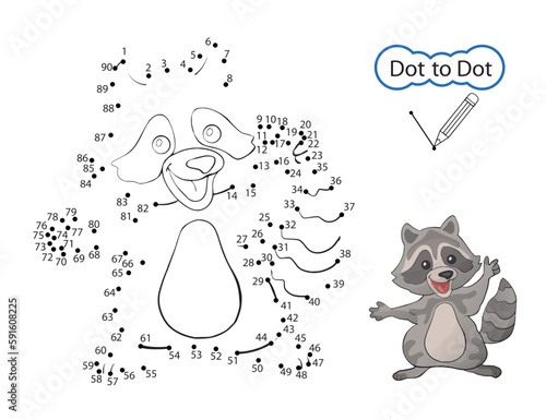 Dot to dot game. Kids drawing riddle on activity page. Finish the image of raccoon. Drawn by numbers. Children education worksheet. Vector illustration.