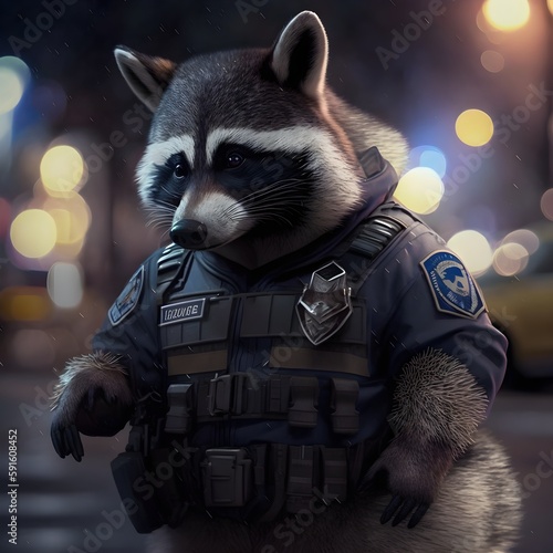 Raccoon in police uniform. Generative Ai illustration  photo