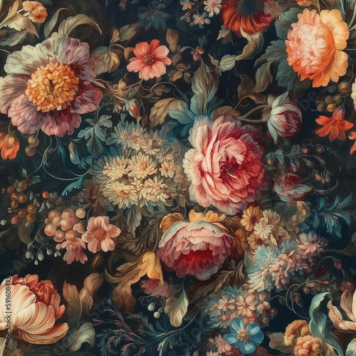 Wallpaper Mural Baroque Style Floral Oil Painting Seamless Repeat Pattern. Generative AI. Torontodigital.ca