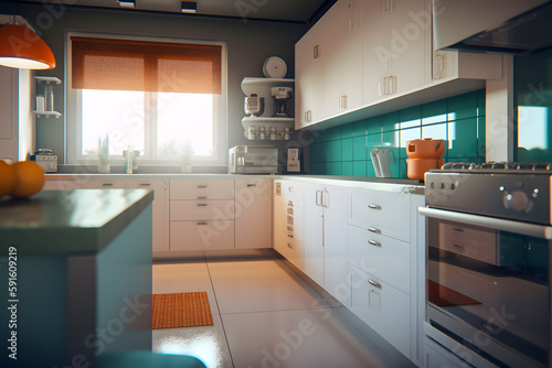 Kitchen in new luxury home with modern interior large bright window. Generative AI