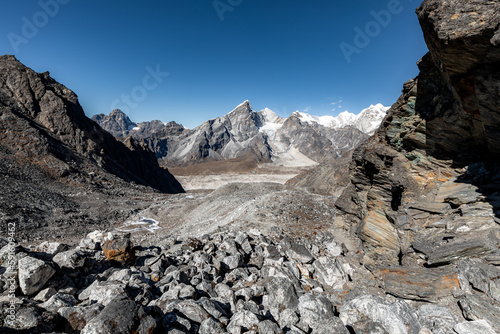 Lobuche village and Khumbu glacier far in the valley seen during hike to Kongma-la pass  photo