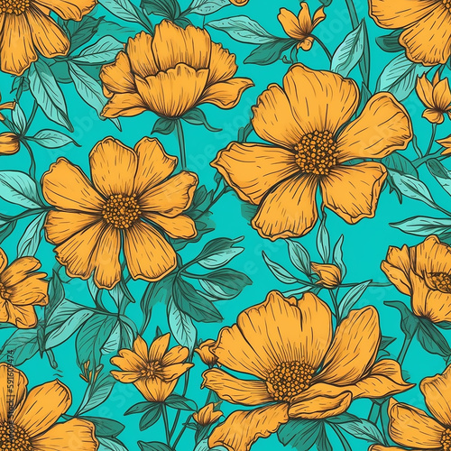 Orange Flowers on Aqua Background Seamless Repeat Pattern. Generative AI.