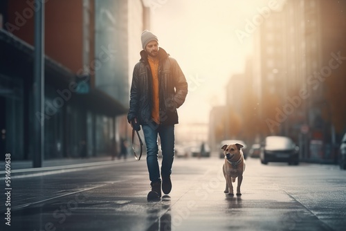 A man with dressed smart casual go and walking his dog in the urban exterior. A businessman with a dog on a leash. Generative AI