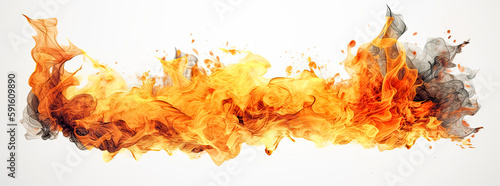 Fire flames on white background, panoramic scale. Generative Ai.