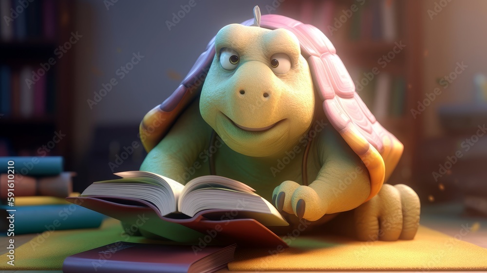 A wise, cute old tortoise telling enchanting stories to an audience of young animals, feeling knowledgeable and respected in a pastel - colored illustration. 3d illustration. Generative ai. A wise, cute old tortoise telling enchanting stories to an audience of young animals, feeling knowledgeable and respected in a pastel - colored illustration. 3d illustration. Generative ai.