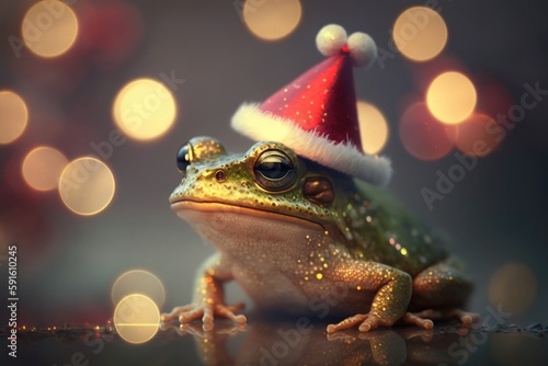 Frog with christmas hat on on bokeh background, created with generative ai © annne