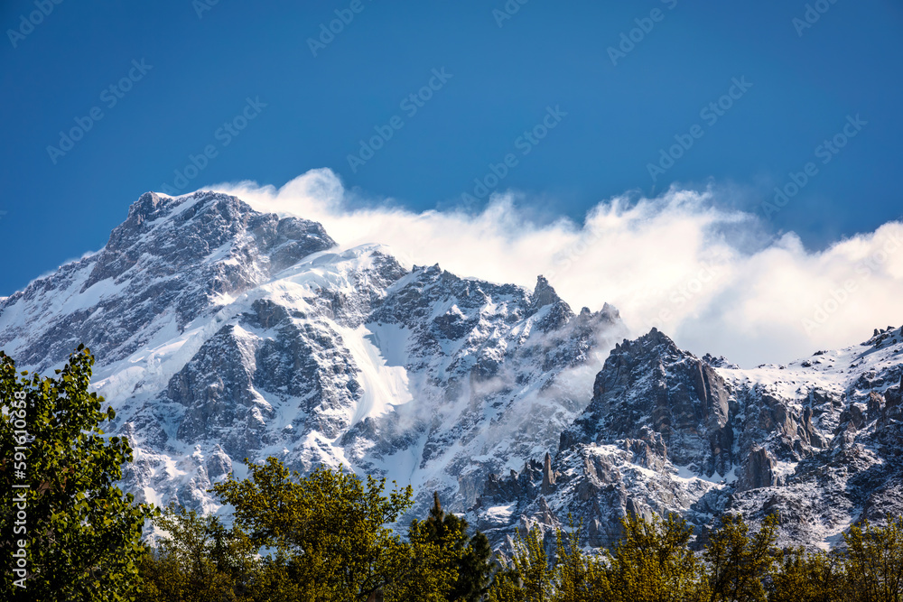 Landscape with snow covered mountains at the dawn, Hunza Valley, Gilgit-Baltistan, Pakistan  