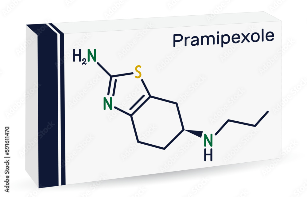Pramipexole molecule. It is non-ergot dopamine agonist, medication used to treat Parkinson's disease. Skeletal chemical formula. Paper packaging for drugs Pramipexole molecule. It is non-ergot dopamine agonist, medication used to treat Parkinson's disease. Skeletal chemical formula. Paper packaging for drugs