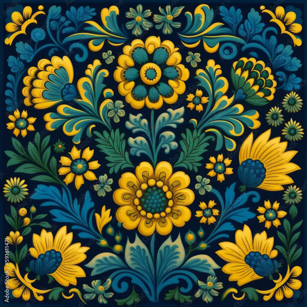 Floral traditional pattern blue and yellow flowers Floral traditional pattern blue and yellow flowers