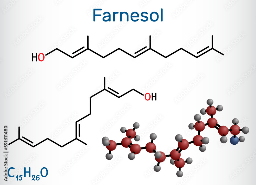 Farnesol molecule. It is derivative of terpenoids. It has a delicate odor and is used in perfumery. Structural chemical formula and molecule model Farnesol molecule. It is derivative of terpenoids. It has a delicate odor and is used in perfumery. Structural chemical formula and molecule model