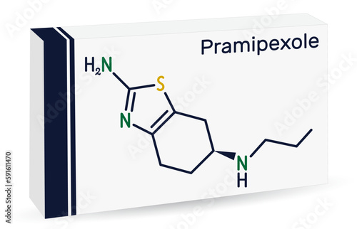 Pramipexole molecule. It is non-ergot dopamine agonist, medication used to treat Parkinson's disease. Skeletal chemical formula. Paper packaging for drugs