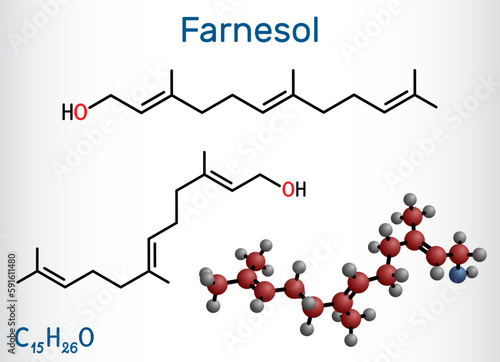 Farnesol molecule. It is derivative of terpenoids. It has a delicate odor and is used in perfumery. Structural chemical formula and molecule model