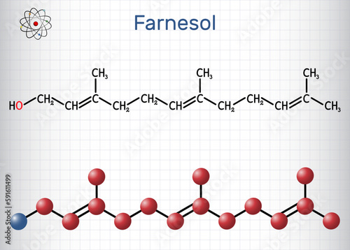 Farnesol molecule. It is derivative of terpenoids. It has a delicate odor and is used in perfumery. Structural chemical formula and molecule model. Sheet of paper in a cage.