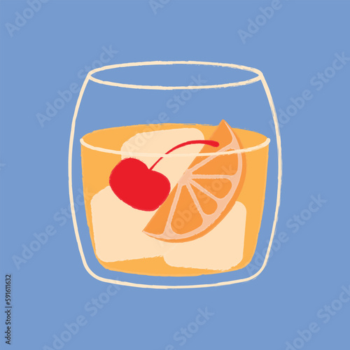 Old fashioned cocktail vector flat illustration. Classic cocktail
