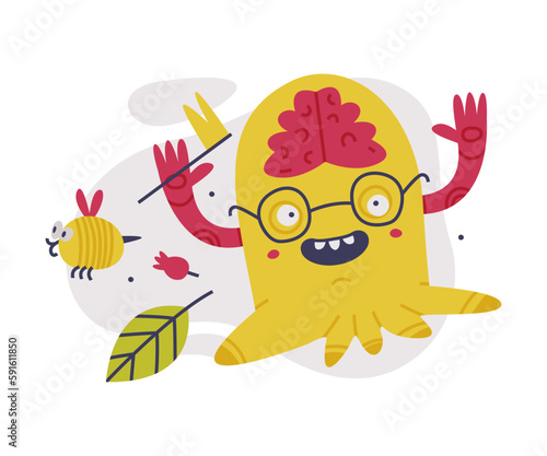 Funny Yellow Monster Wearing Glasses and Holding Flag Vector Illustration