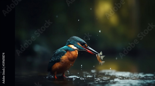 Beautiful kingfisher catching a fish in cinematic lighting and close-up zoom, generative ai © moon