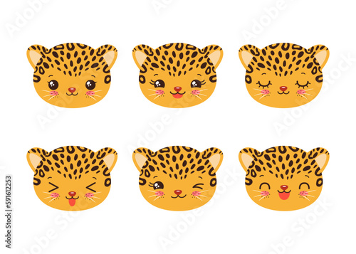 Cute cheetah emoji icon set. Messenger emoticon. Safari animal icons. Kawaii leopard emoji smile happy facial expressions. Cartoon animals vector signs. Kawaii anime comic style jaguar isolated.