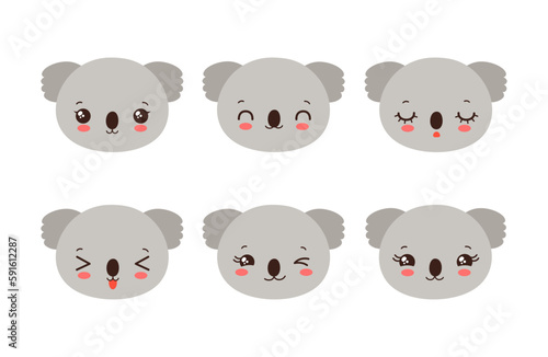 Cute koala emoji icon set. Messenger emoticon. Safari animal icons. Kawaii koala emoji smile happy facial expressions. Cartoon animals vector signs. Kawaii anime comic style koala bear isolated.