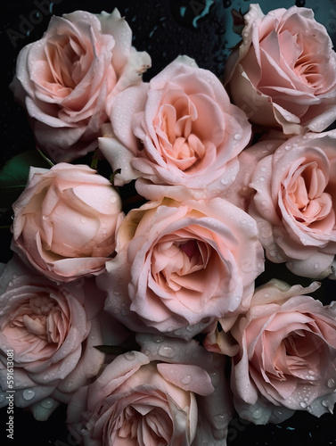 Beautiful Pink roses with Water Drops on Petals. Generative ai