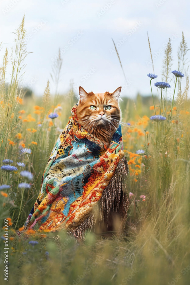 Illustration of Orange Cat Sitting in Wild Flower Field Wrapped in Orange Embroidered Blanket. Generative ai Illustration of Orange Cat Sitting in Wild Flower Field Wrapped in Orange Embroidered Blanket. Generative ai