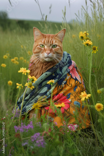  Illustration of Orange Cat Sitting in Wild Flower Field Wrapped in Orange Embroidered Blanket. Generative ai