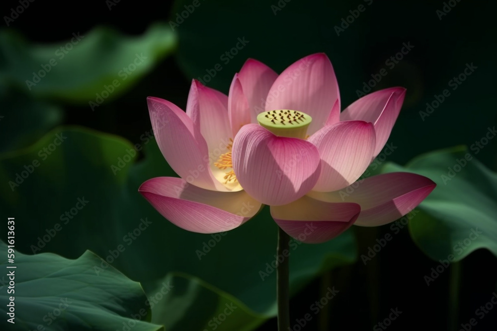 A pink lotus flower with a yellow center. A pink lotus flower with a yellow center.
