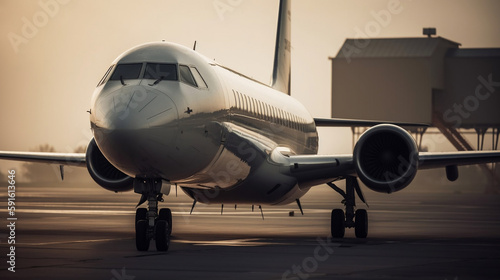 Close-up view of private jet airplane parked outside. Generative AI.