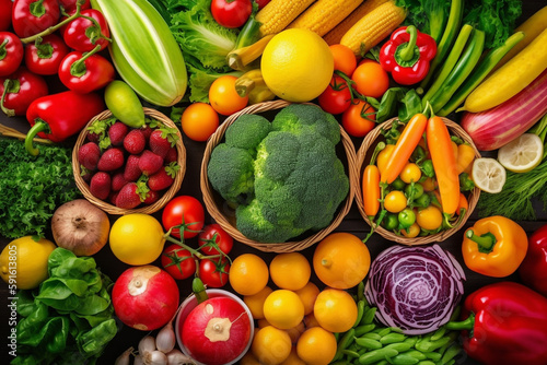 A variety of fruits and vegetables including broccoli  carrots  broccoli  and other fruits.