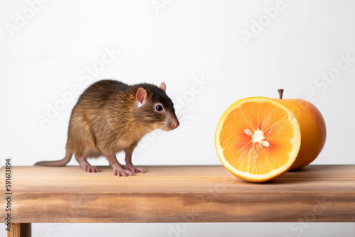 A rat stands next to an orange on a wooden shelf.
