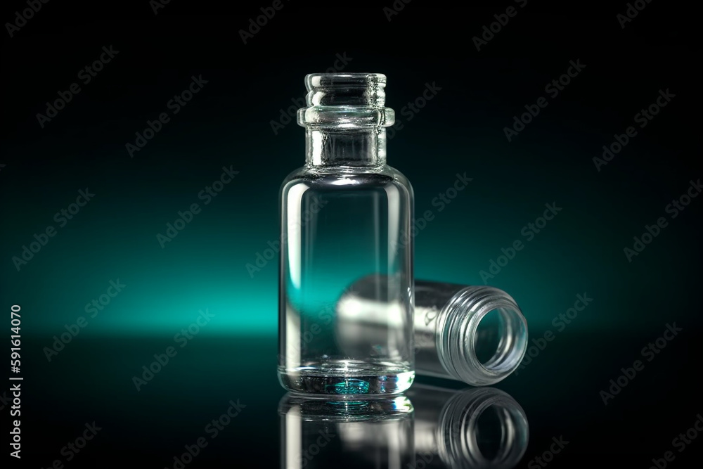 A small bottle of liquid sits on a black background with a green background. A small bottle of liquid sits on a black background with a green background.