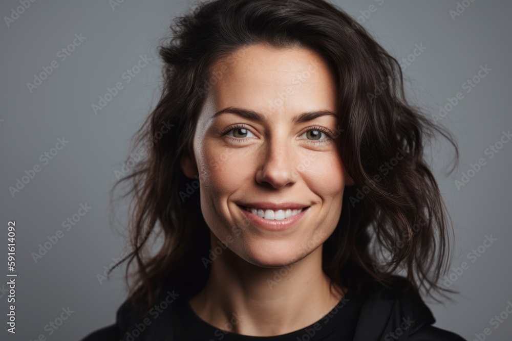 Portrait of a smiling woman looking at the camera over gray background Portrait of a smiling woman looking at the camera over gray background