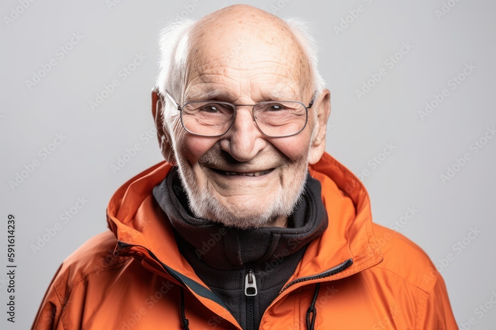 Elderly man in an orange jacket on a gray background. Elderly man in an orange jacket on a gray background.