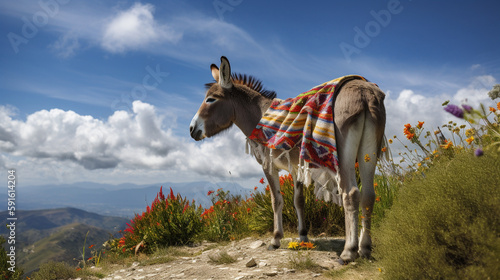 Adorable Donkey Standing on Top of Mountain in Morning Looking at Camera. generative ai