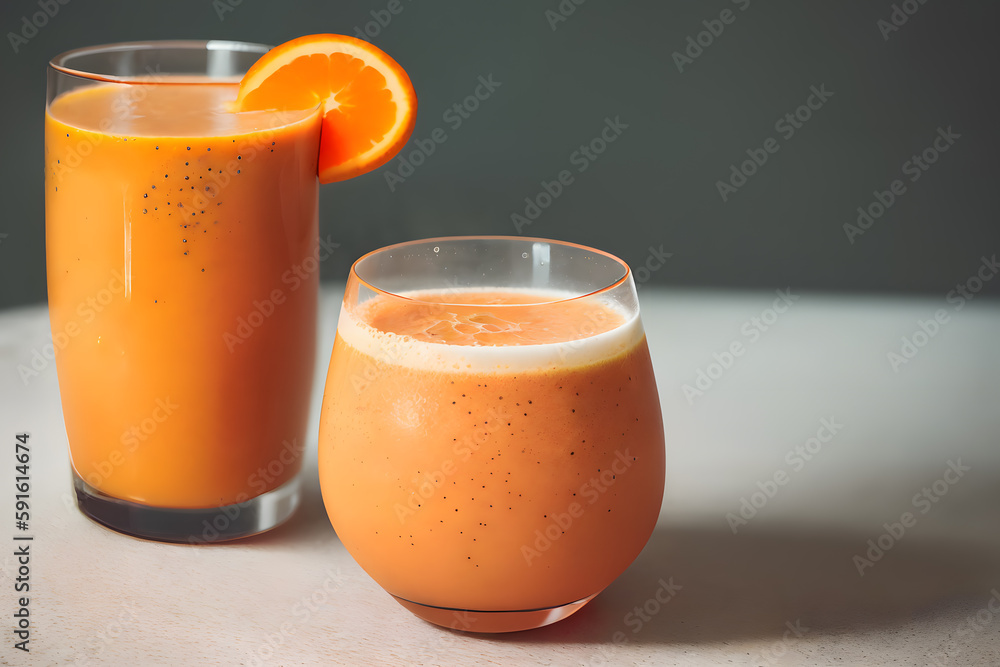 An orange vegetable smoothie in a glass on the table. Ai generated. An orange vegetable smoothie in a glass on the table. Ai generated.
