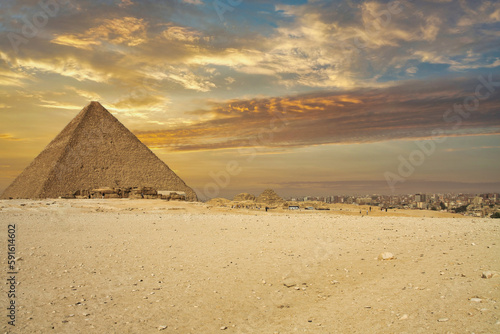 Beautiful sunset over the Great Pyramid in Giza  Egypt