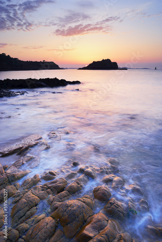 Rocky Coastline at Sunset, Bay of Morlaix, Finistere, Brittany, France