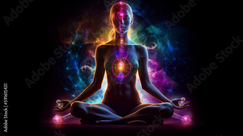 abstract, anatomy, light, energy, x-ray, science, brain, human, mind, nature, cosmos, chakra, cosmic, mystical, colours, relax, spectrum, illuminated, male, harmony, balance, zen, me. Generative AI.