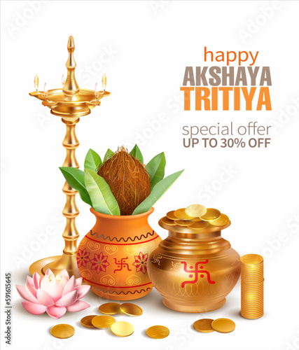 Promotion banner with Kalash, gold coins and diya (oil lamp) for Indian festival Akshya Tritiya. Vector illustration. © aminaaster