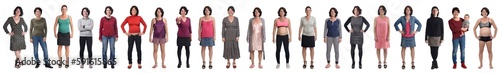 line of  front view of the same woman in different outfits at different times in her life on white background