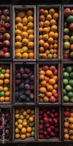 AI fruits in wooden crates