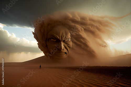 Angry Giant Head Made of Sand in Middle of a Desert. Generative ai photo