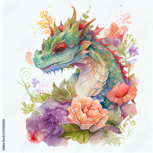 Watercolor Illustration of a Magical Baby Dragon on White Background. Generative ai © Anna Hoychuk