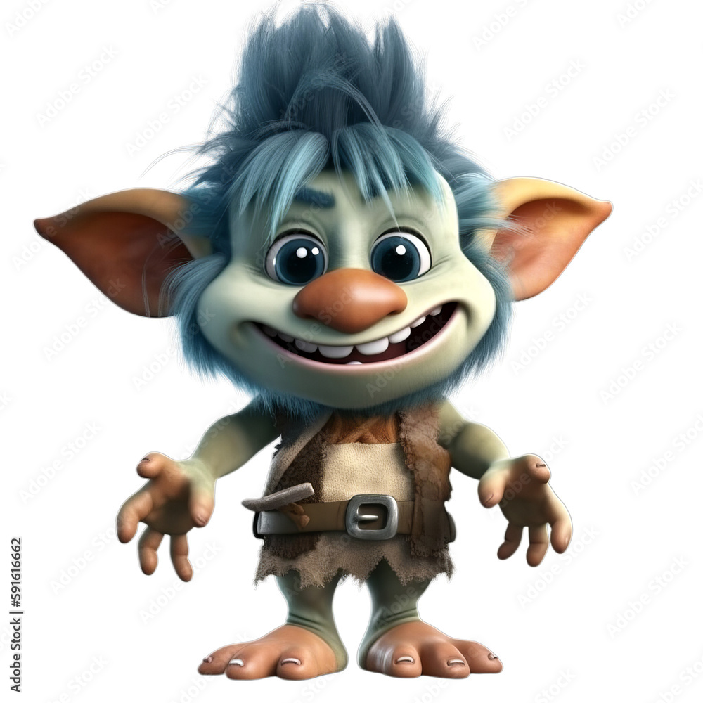 fantasy troll, cute 3d cartoon troll isolated on transparent background