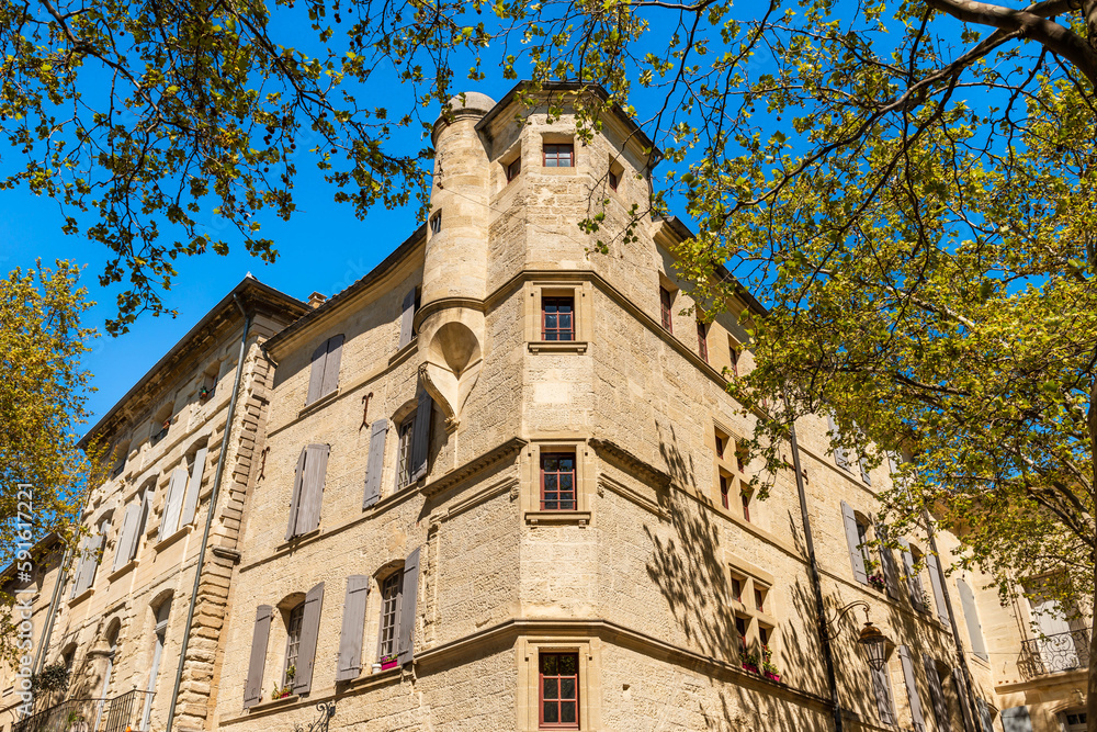 Fototapeta premium Buildings, Place aux Herbes in Uzès in the Gard, in the Cévennes, Occitanie, France