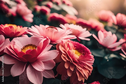 Pattern of pink, red roses, gerbera, bright flowers, colorful spring flowers from early spring garden. Generative AI